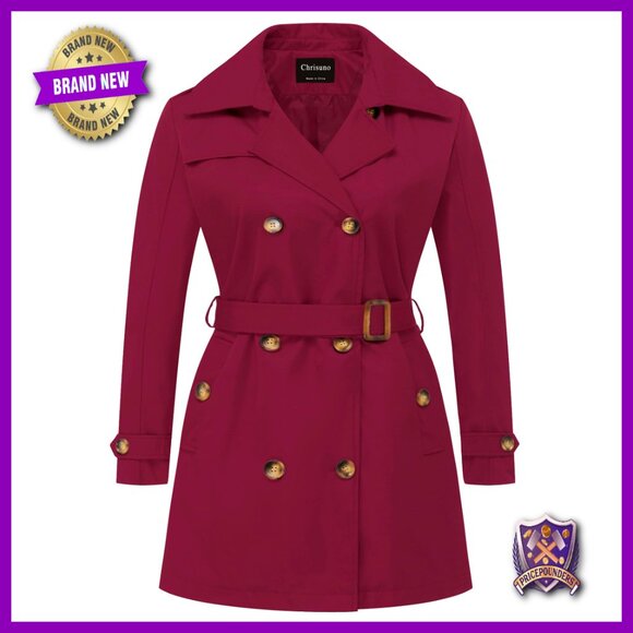 Plus Size Double Breasted Trench Coat Mid-Length Belted Overcoat Detachable Hood